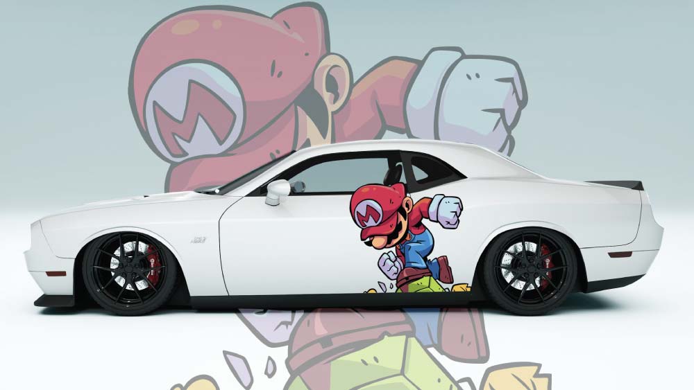 Side view of white car with Running Mario decal – clean install highlighting graphic colors