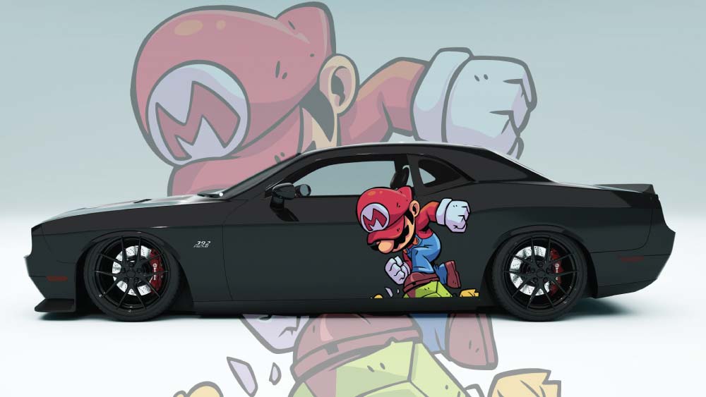 Gray coupe featuring Running Mario decal – universal fit with sleek design integration