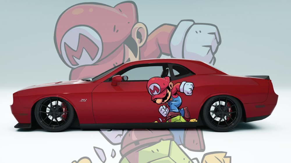 Blue sports car with Mario side sticker – high-contrast installation showing vibrant detail