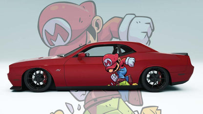 Blue sports car with Mario side sticker – high-contrast installation showing vibrant detail
