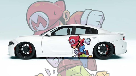 Running Mario side decal on red Dodge Challenger – bold contrast with retro gaming style