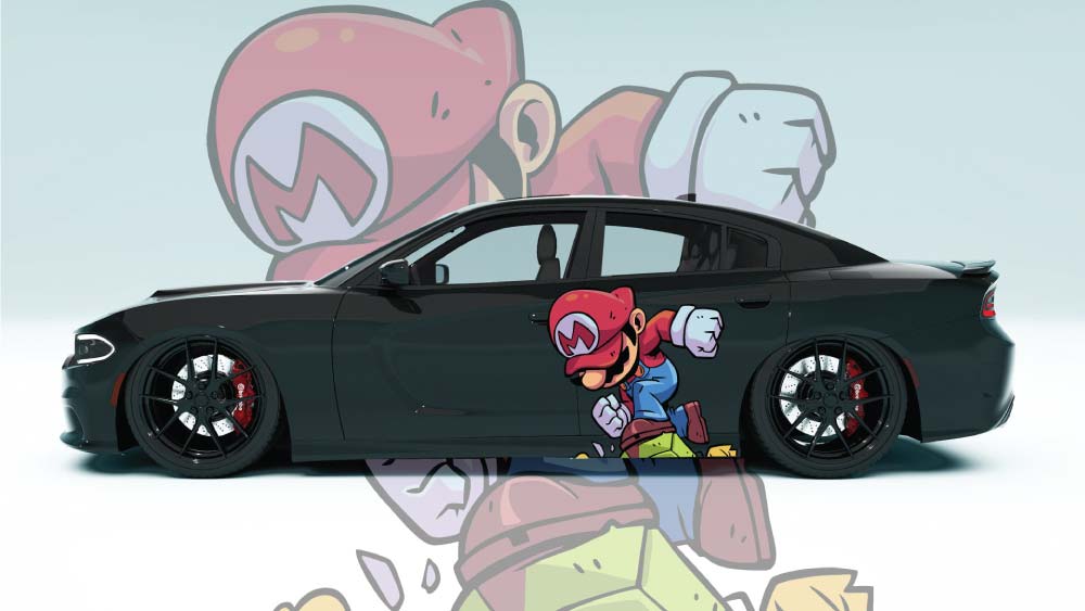 Silver sedan with retro Running Mario graphic – showcasing decal’s universal compatibility
