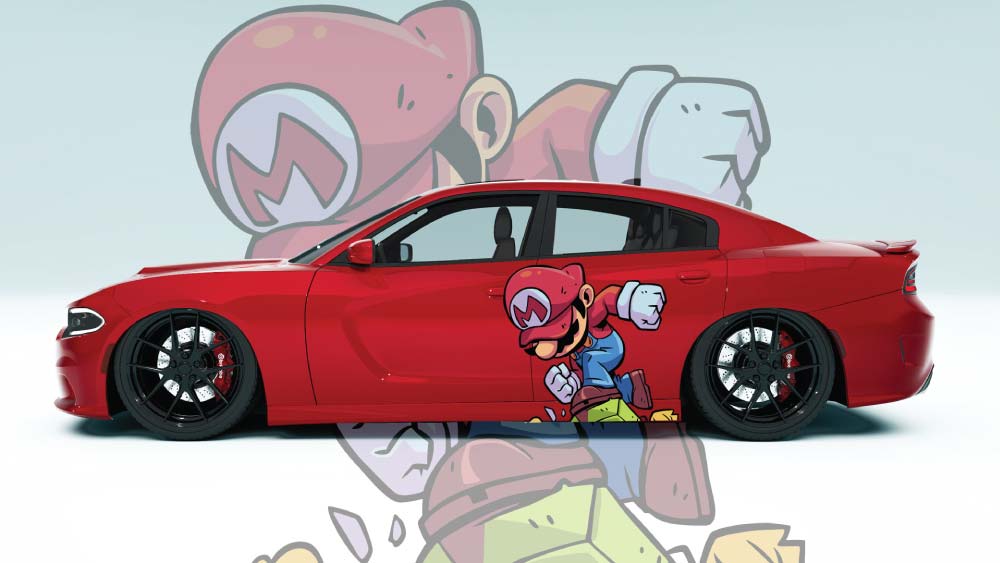 Running Mario side decal on red Dodge Challenger – bold contrast with retro gaming style