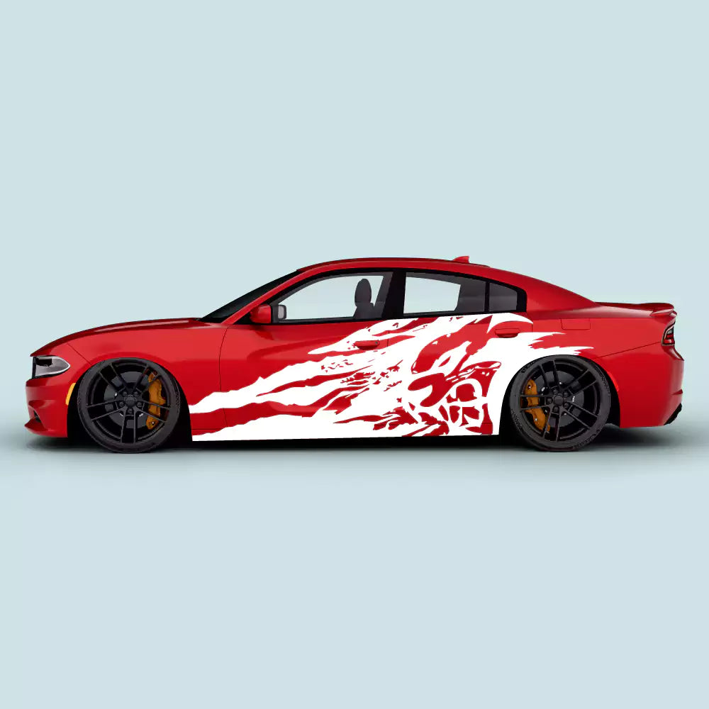 White Hellcat face claw side decals for Dodge Charger 2011-2023 driver and passenger door graphics