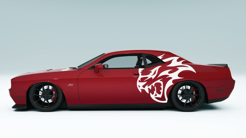 XL Flaming SRT Cat Head side decal in white on Dodge Challenger