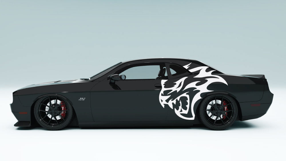 XL Flaming SRT Cat Head side decal in white on Dodge Challenger