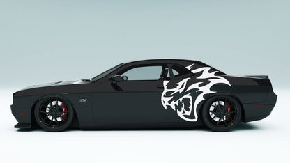 XL Flaming SRT Cat Head side decal in white on Dodge Challenger