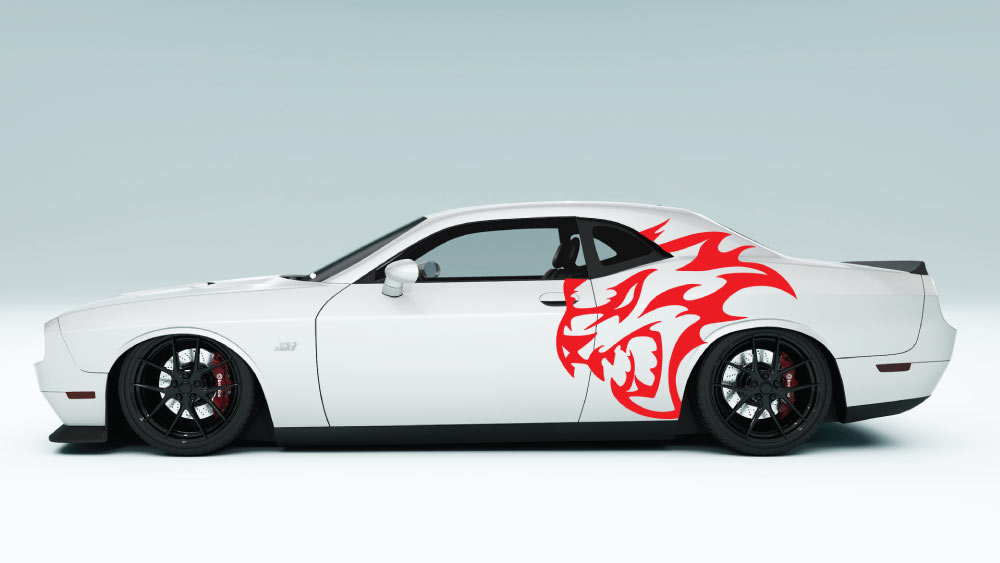 XL Flaming SRT Cat Head side decal in red on Dodge Challenger