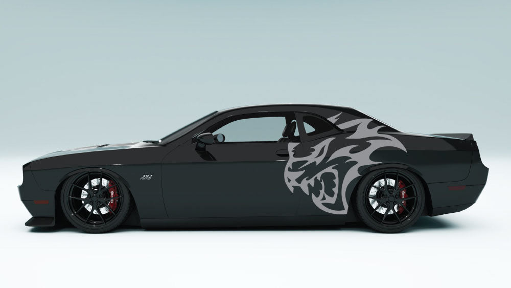 XL Flaming SRT Cat Head side decal in gray on Dodge Challenger