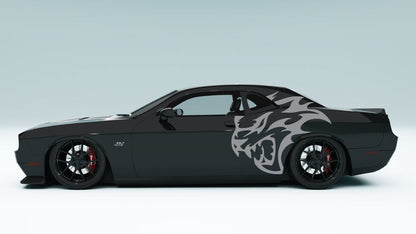 XL Flaming SRT Cat Head side decal in gray on Dodge Challenger