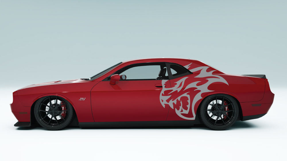 XL Flaming SRT Cat Head side decal in gray on Dodge Challenger