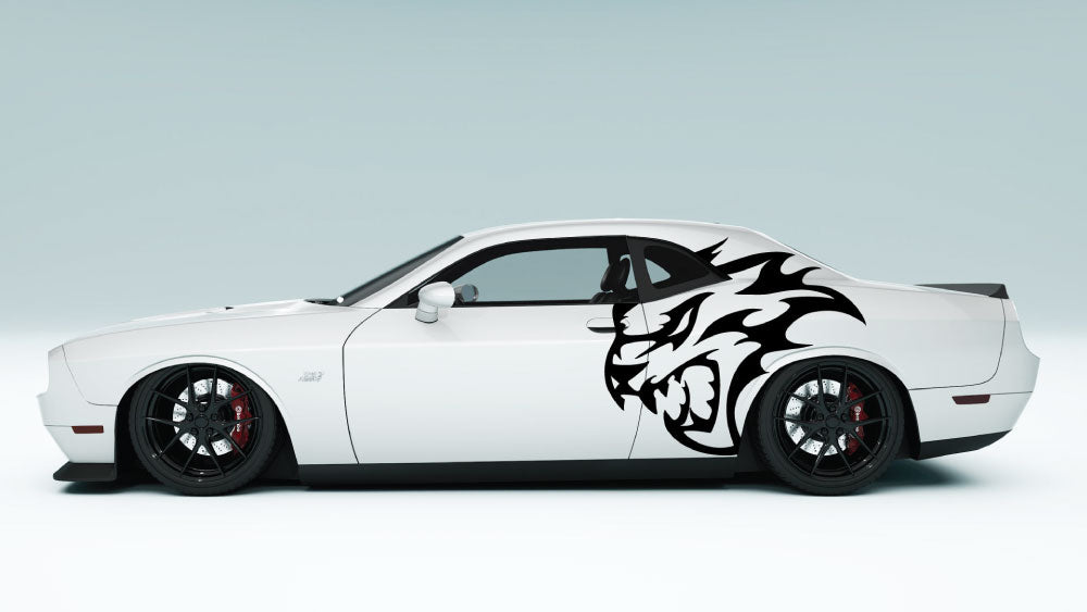 XL Flaming SRT Cat Head side decal in Gloss black on Dodge Challenger